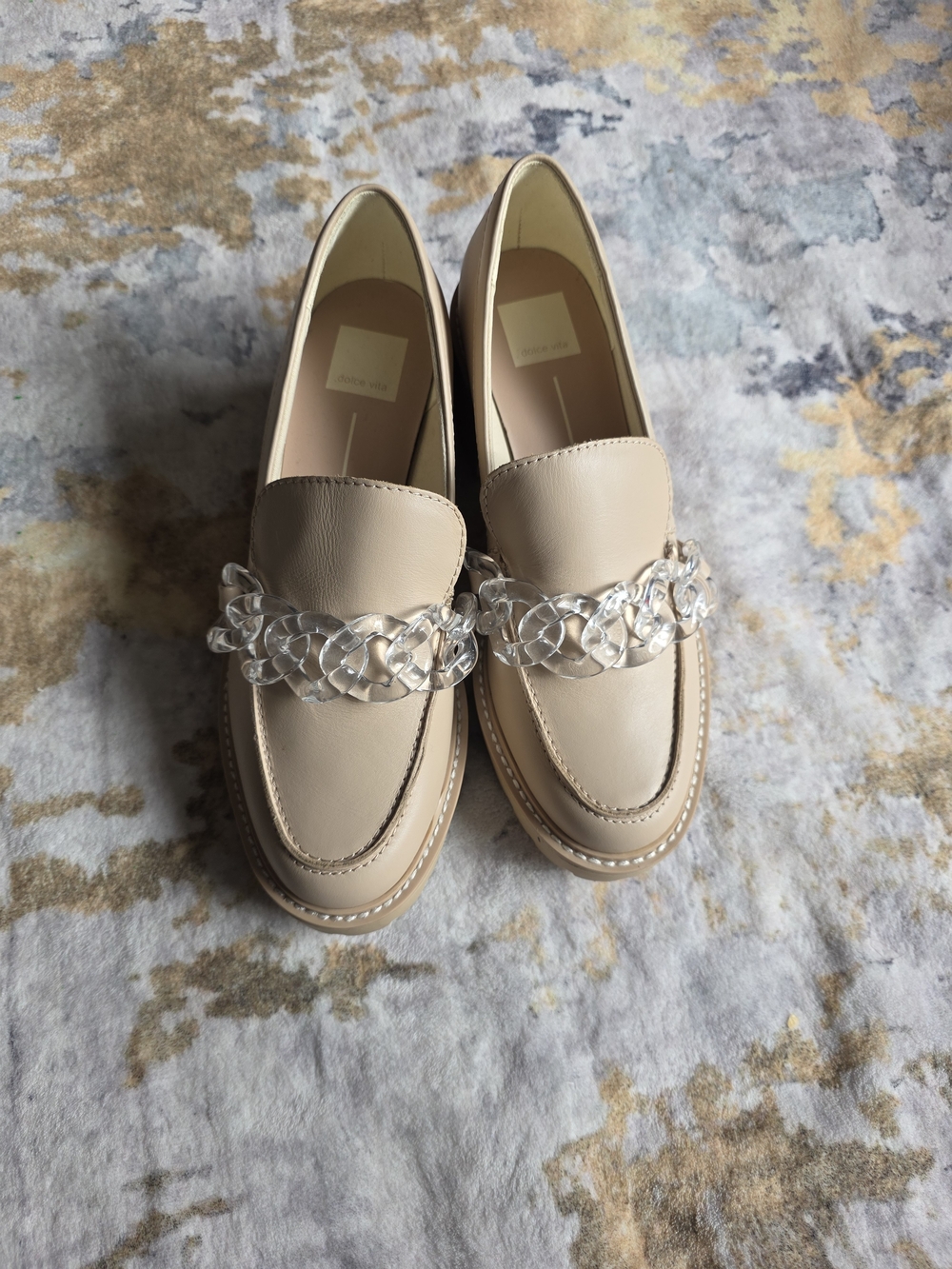 Dolce Vita Beige Lug Sole Loafers Clear Chain Accent Size 9